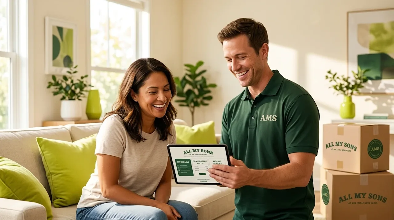 Professional marketing photography of a smiling moving coordinator in a dark forest green polo shirt showing a digital tablet with price breakdowns.