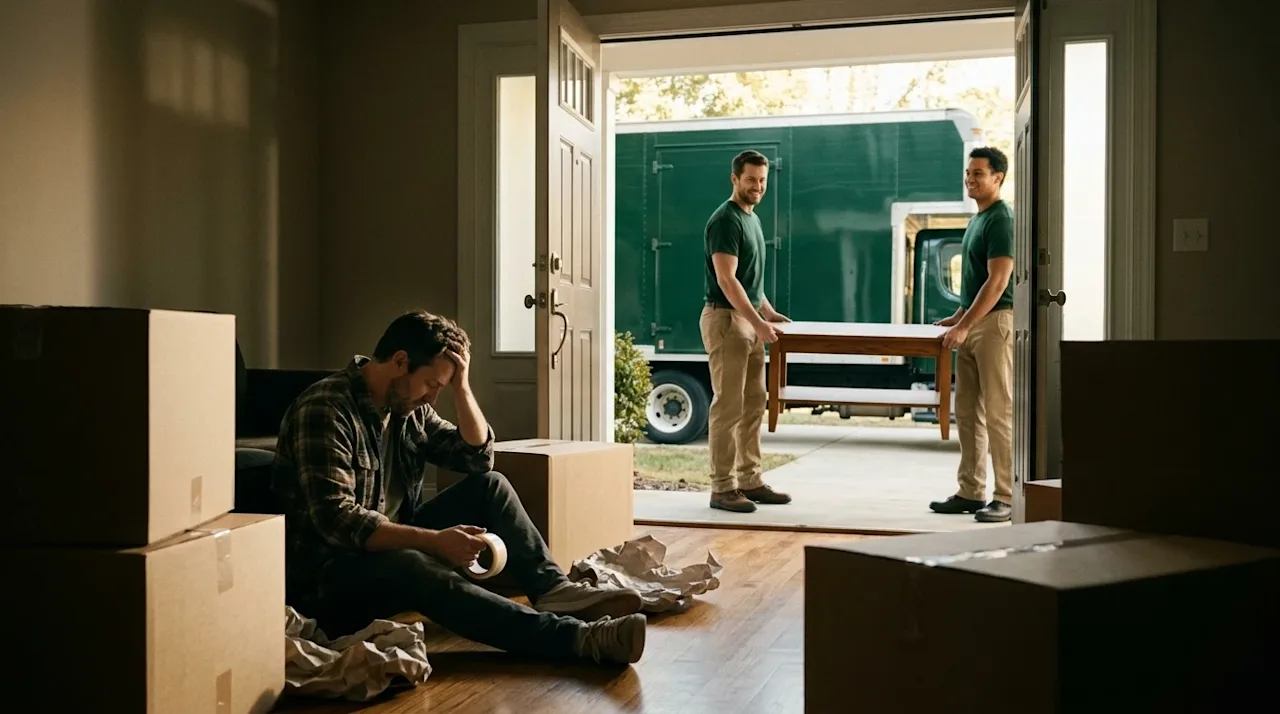 A candid lifestyle photograph capturing the contrast of moving by yourself versus hiring a professional moving company. In th