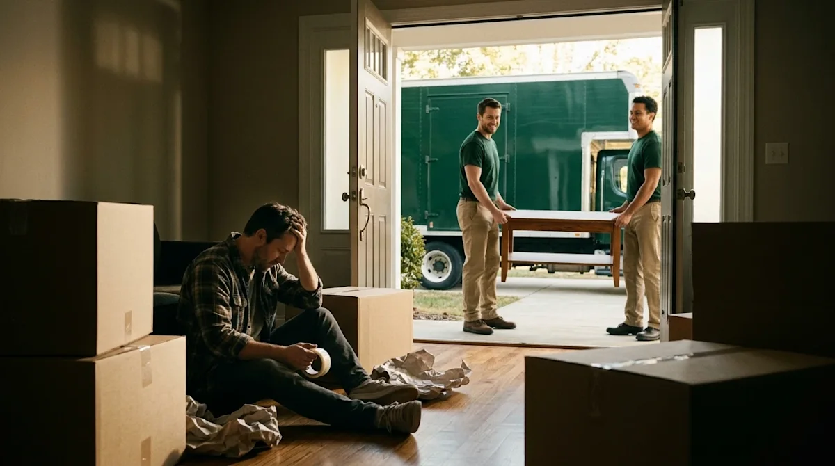 A candid lifestyle photograph capturing the contrast of moving by yourself versus hiring a professional moving company. In th