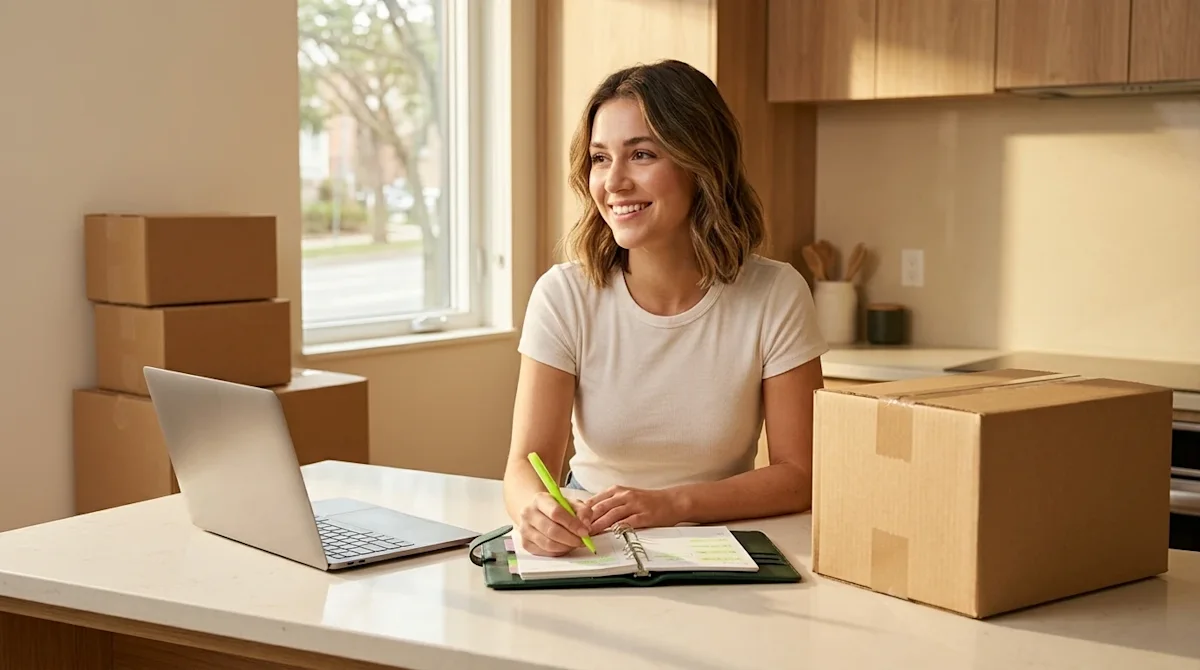 Clear, professional marketing photography of a person organizing their moving schedule. A smiling young woman sits at a sunli