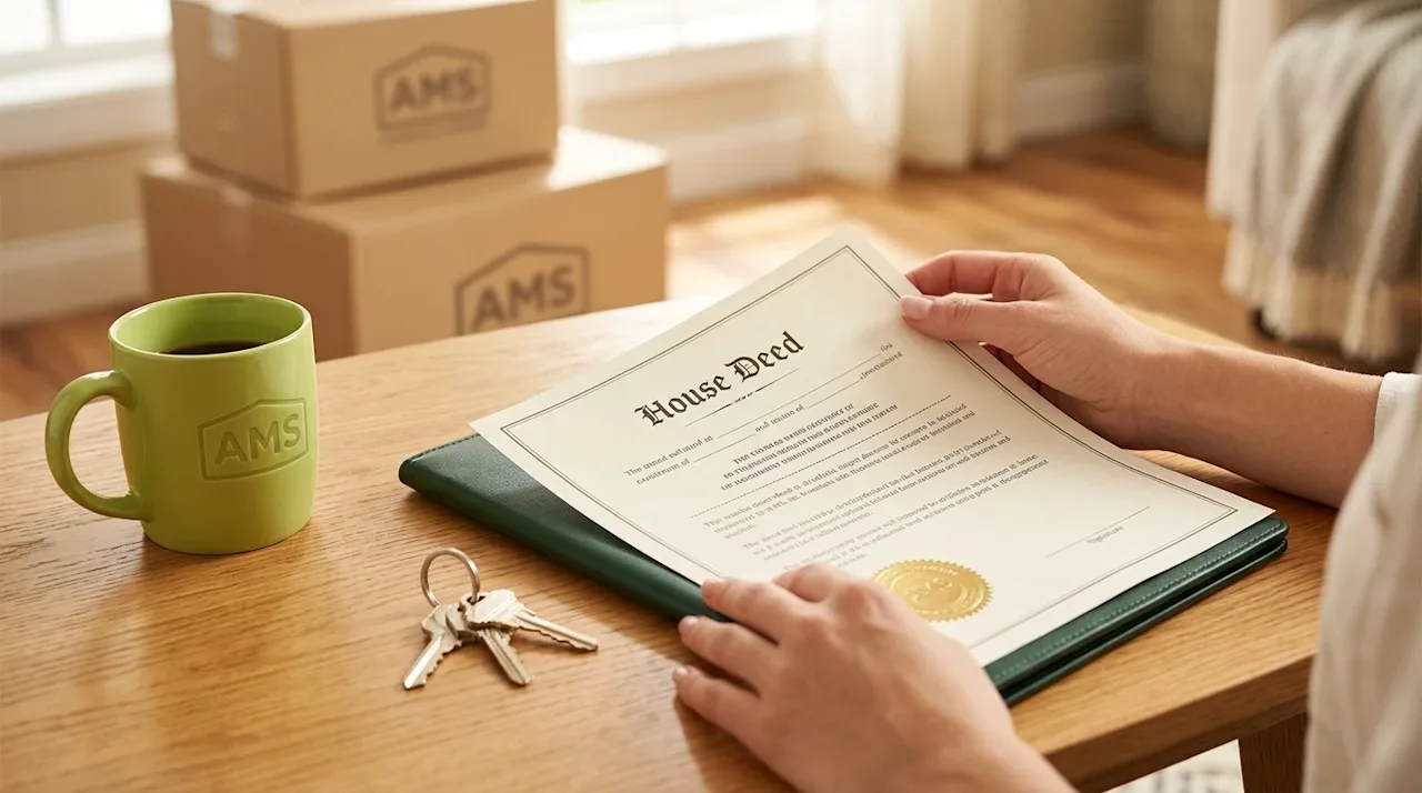 Professional marketing photography, a close-up view of a person's hands carefully reviewing a formal, official house deed doc
