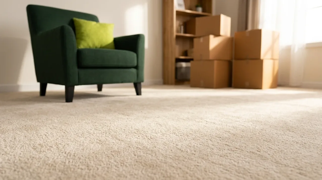 Photorealistic interior photography of a bright, welcoming living room focusing on pristine, plush light beige wall-to-wall c