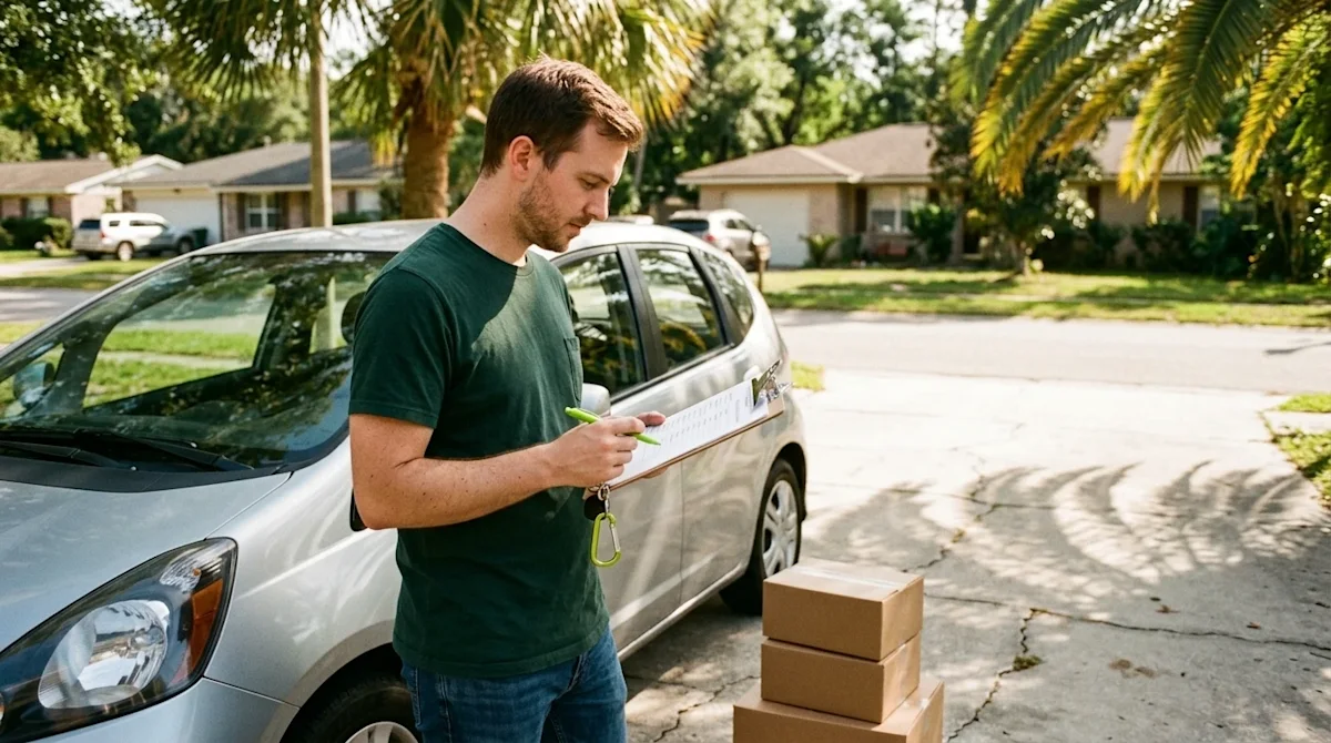Candid lifestyle photograph of a person standing next to a parked car in a sunny residential driveway, looking thoughtfully a