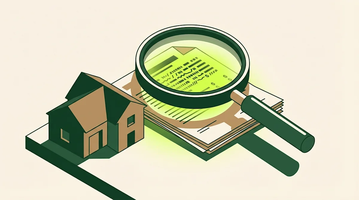 Modern illustration of a house and magnifying glass scrutinizing a mortgage document for fraud detection.