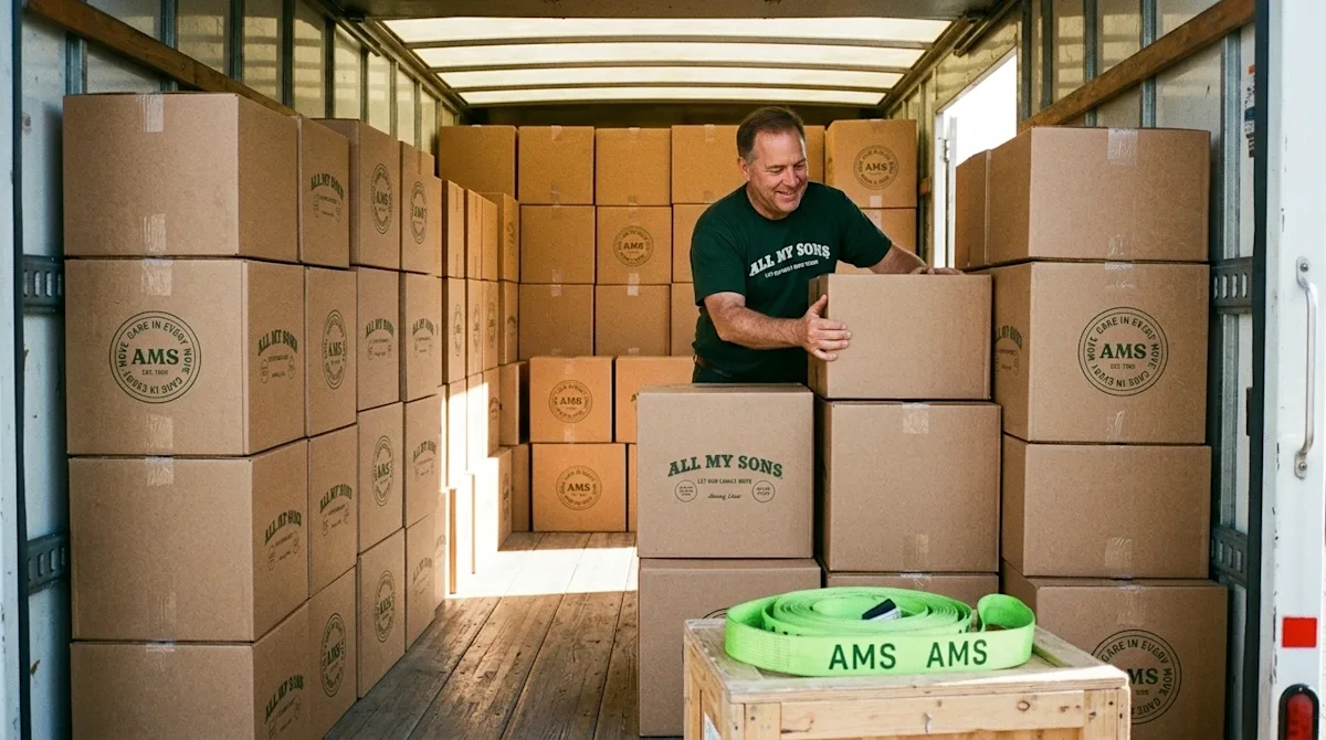 Authentic 35mm film-style lifestyle photography, an eye-level view looking into the brightly lit, open cargo back of a moving
