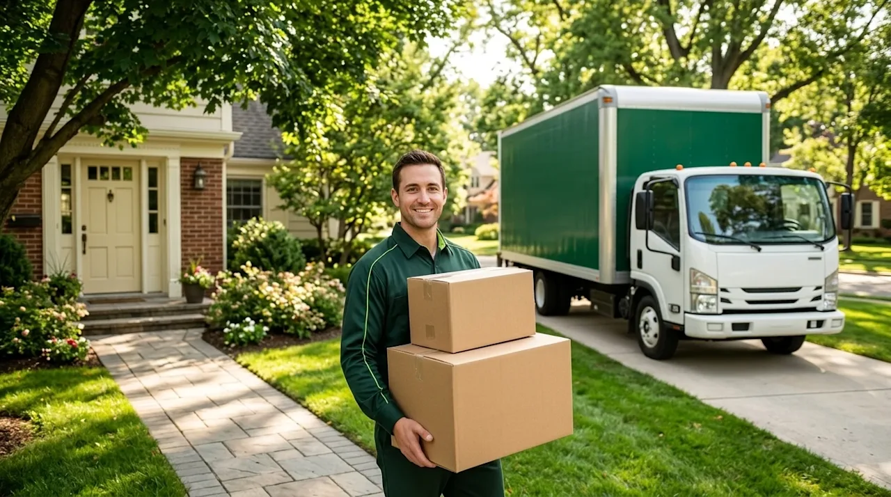 Professional lifestyle photography of a stress-free residential move in a welcoming, leafy suburban neighborhood resembling C