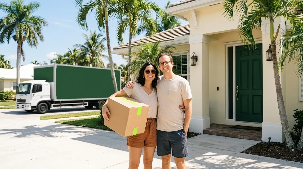 Clear and professional marketing photography of a sunny moving day in Delray, Florida. A happy, relaxed couple stands in the