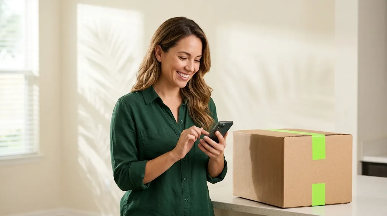 Clear, professional marketing photography of a smiling person standing in a bright, modern living room, tapping on a smartpho