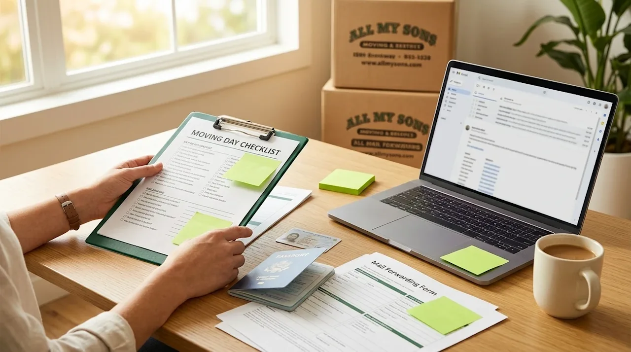 Professional marketing photography of a neatly organized home office desk showing preparation for a relocation. A pair of han