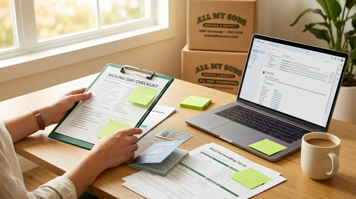 Professional marketing photography of a neatly organized home office desk showing preparation for a relocation. A pair of han