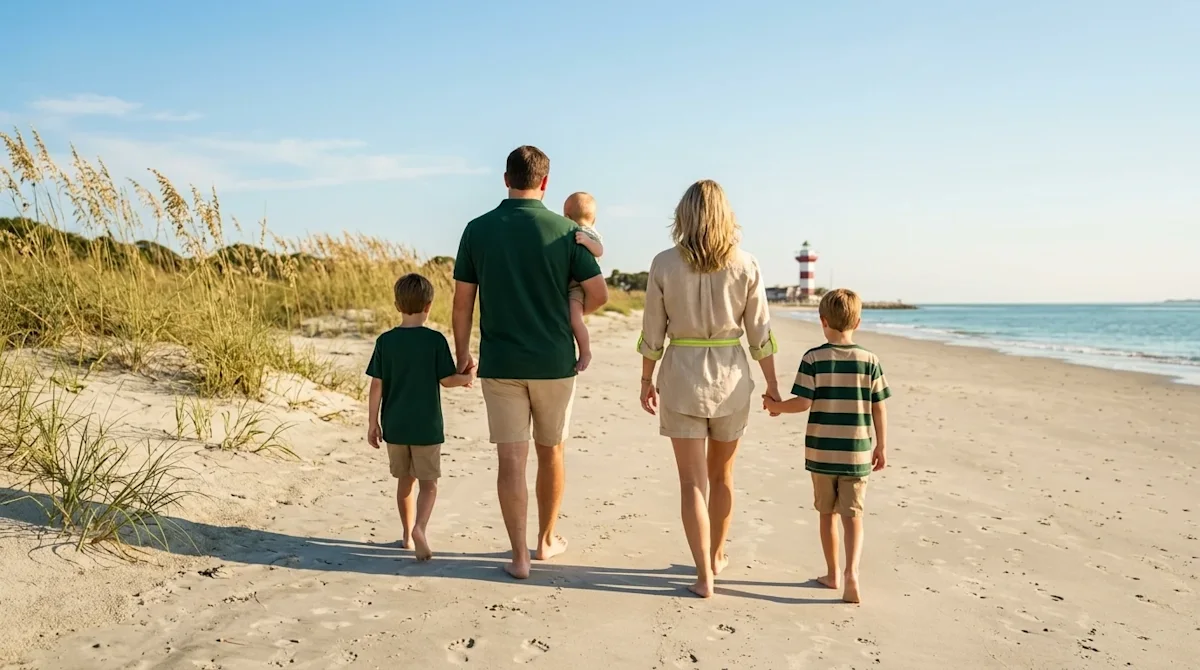 Professional marketing photography, wide-angle hero image of a beautiful, sunny day at Hilton Head Island. A happy, relaxed f