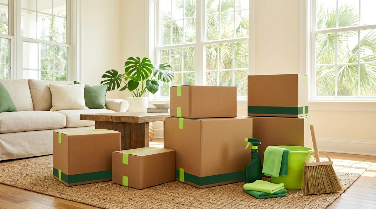 Cardboard moving boxes and green cleaning supplies in a sun-drenched Jacksonville living room for a fresh spring move.
