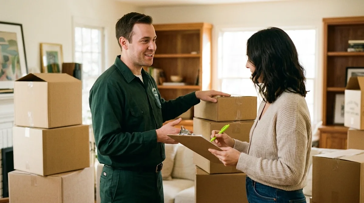 Candid lifestyle photography of a friendly professional mover in a dark green uniform shirt discussing the packing process wi
