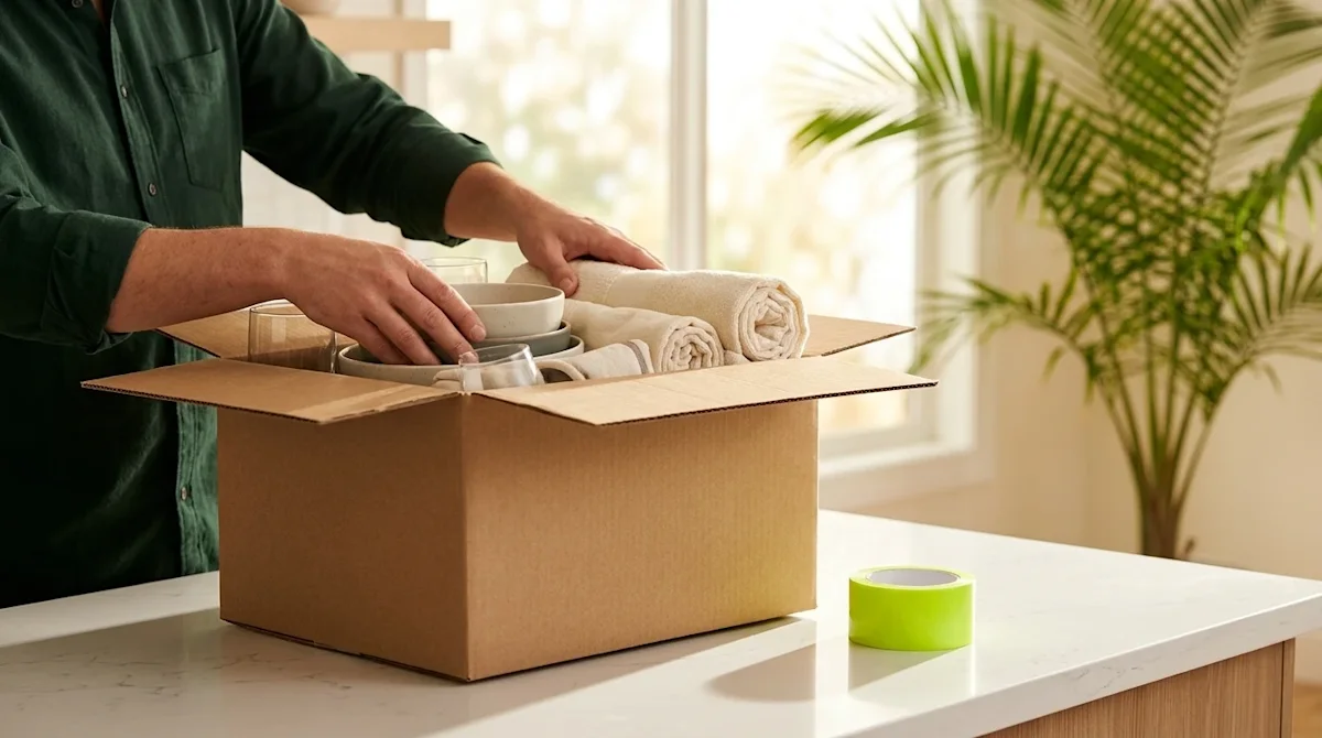 Professional marketing photography of an organized packing process in a bright, sunlit home. Close-up on a single high-qualit