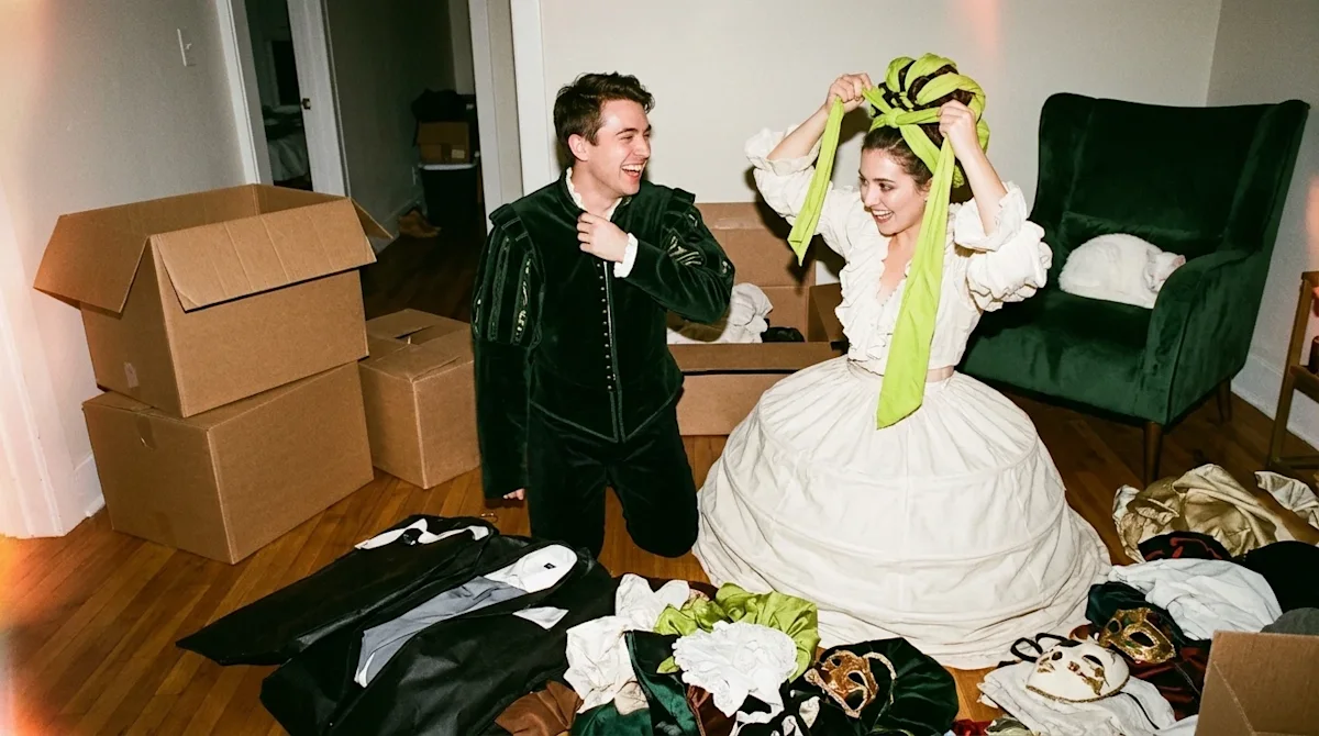 A candid, lifestyle 35mm film photograph of an energetic couple getting dressed in elaborate, high-fashion Halloween costumes