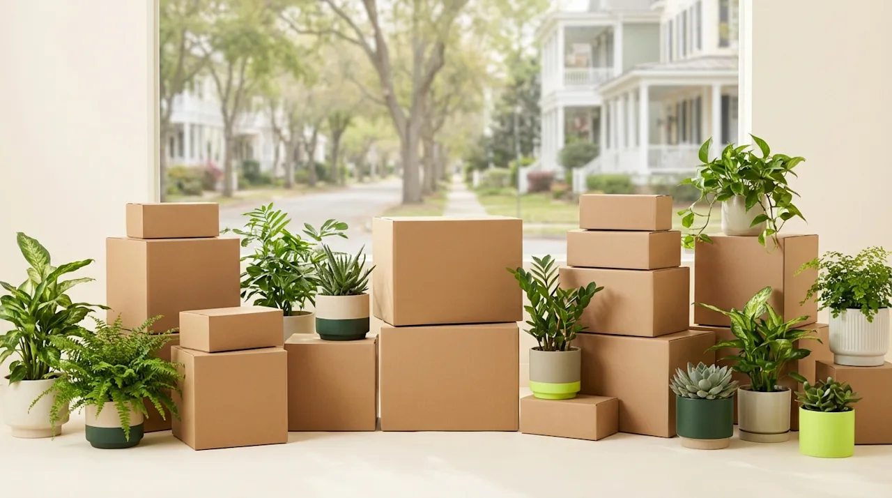 Neat cardboard boxes and vibrant potted plants for eco-friendly moving in a leafy Birmingham neighborhood.