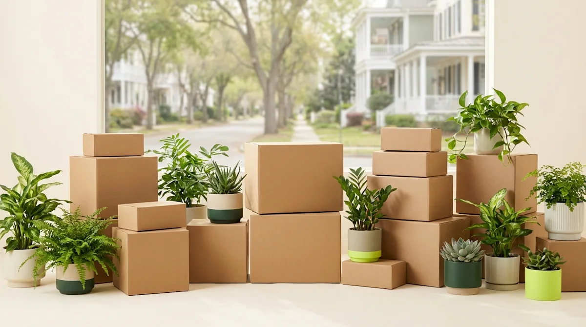 Neat cardboard boxes and vibrant potted plants for eco-friendly moving in a leafy Birmingham neighborhood.