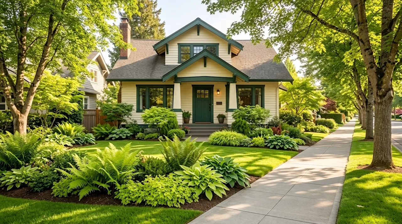 Clear, professional marketing photography of a charming residential street in a highly desirable Portland neighborhood. A bea