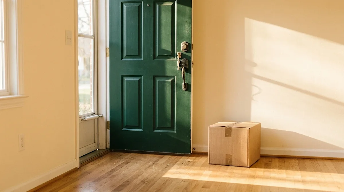 Authentic documentary-style photography of the interior entryway of a recently vacated home. A sturdy, dark forest green fron