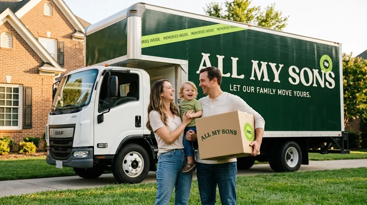 A candid, warm, documentary-style photograph of a happy family arriving at their beautiful new home in the lush, welcoming su