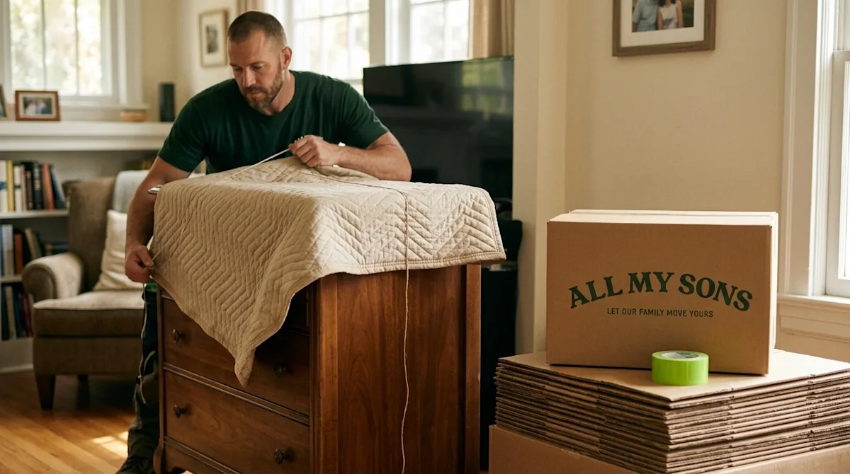 High-quality, candid lifestyle photography of a professional mover carefully wrapping a wooden vintage dresser with quilted m