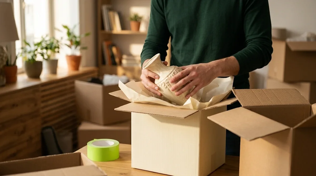 High-quality lifestyle photography of a person carefully packing delicate items for a household move, capturing a stress-free