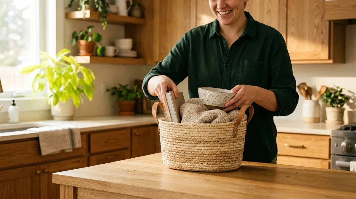 Candid lifestyle photography shot on 35mm film with a warm, authentic, and slightly vintage aesthetic. A person cheerfully an
