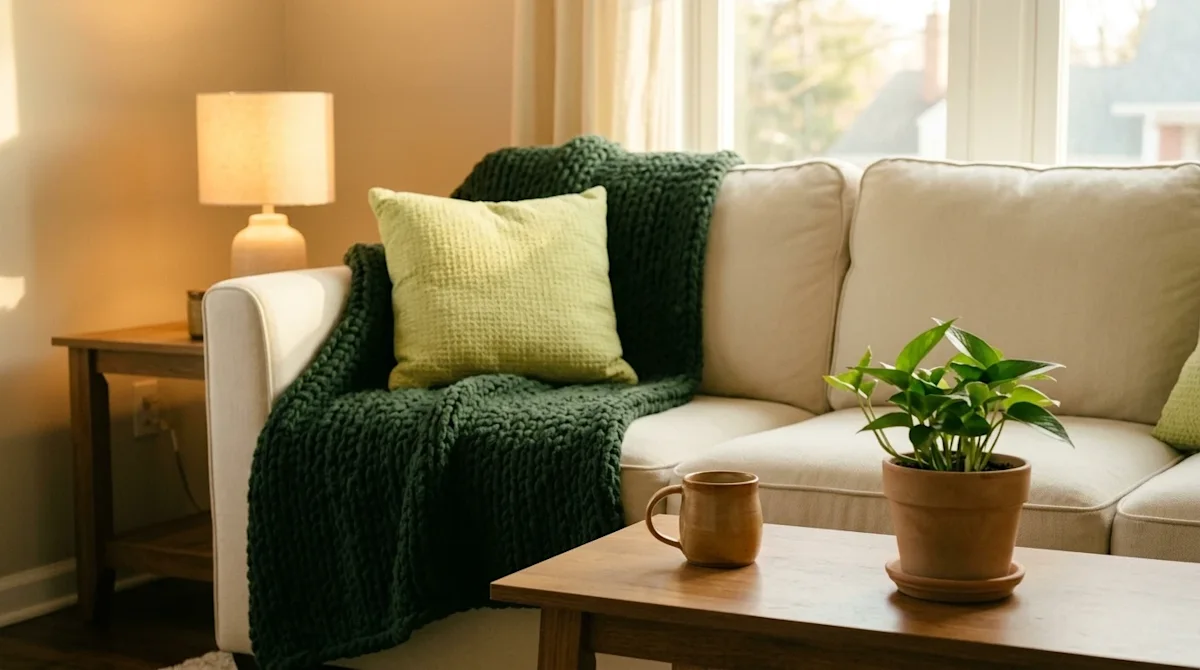 Clear and professional marketing photography of a warm, inviting, and budget-friendly cozy living room interior. A plush crea