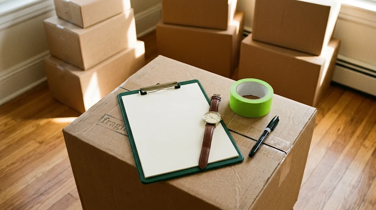 Candid, documentary-style film photograph representing time management during a home move. A close-up, top-down angle of a ne