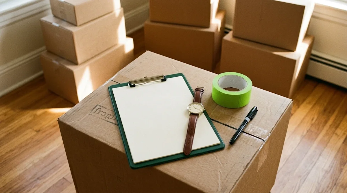 Candid, documentary-style film photograph representing time management during a home move. A close-up, top-down angle of a ne