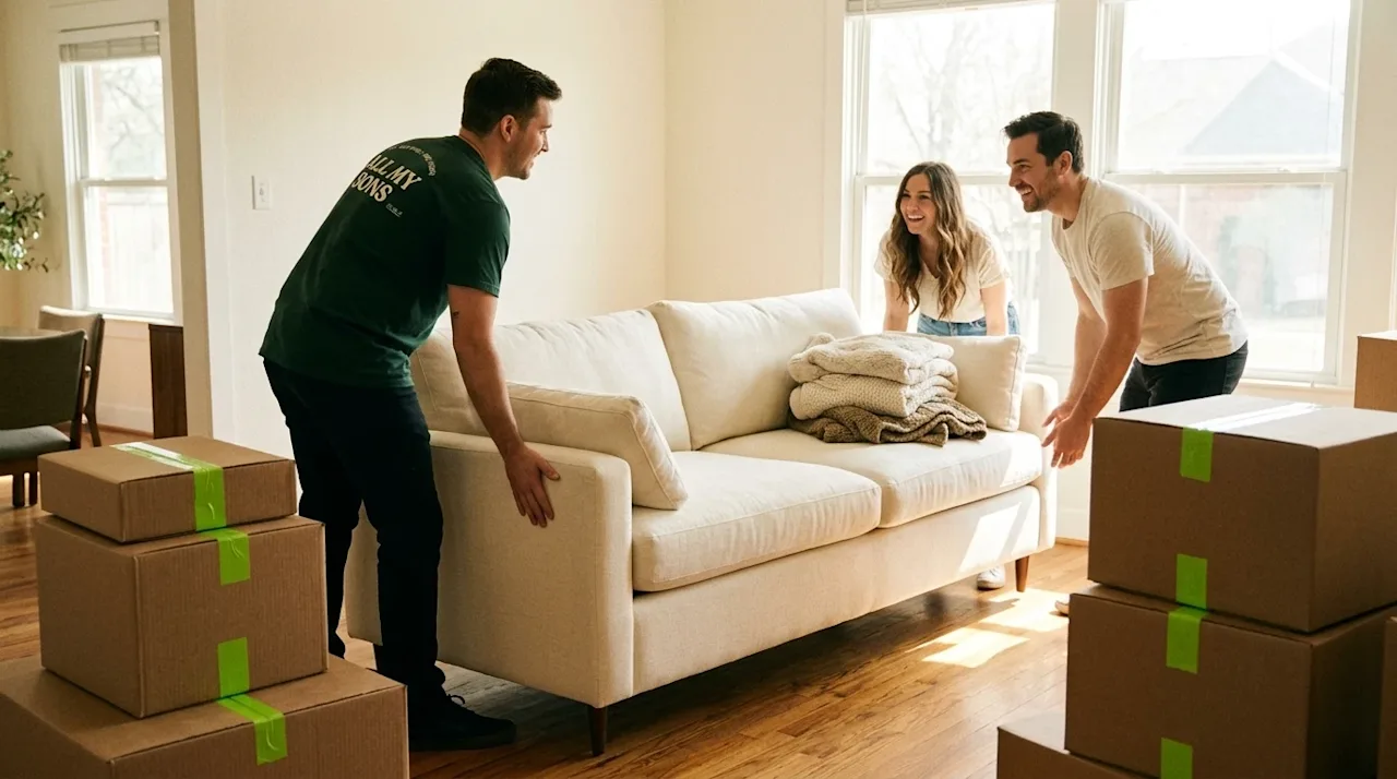 Candid lifestyle photography, 35mm film aesthetic. A friendly professional mover wearing a dark forest green t-shirt is caref