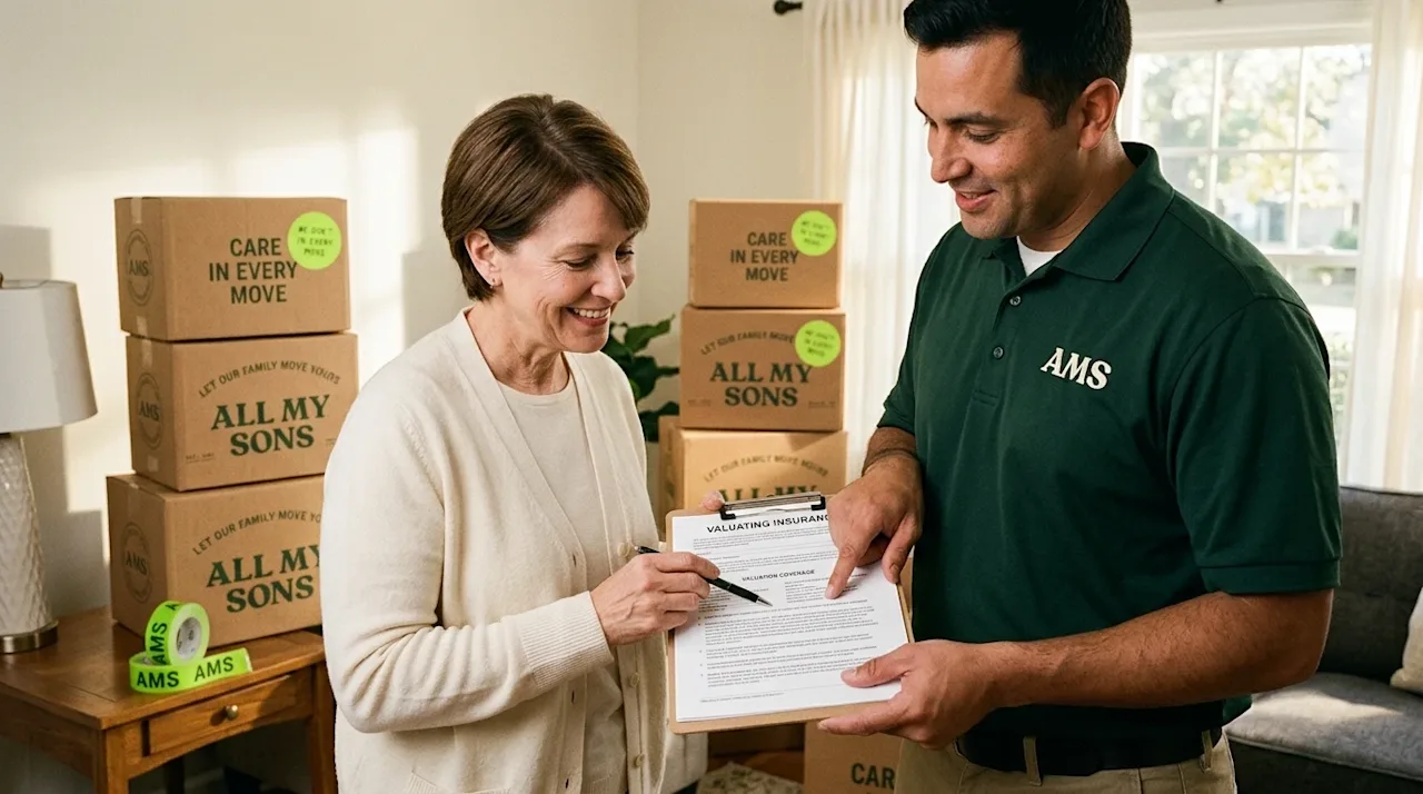 Candid 35mm film photography of a smiling homeowner and a professional mover reviewing a moving insurance document together o