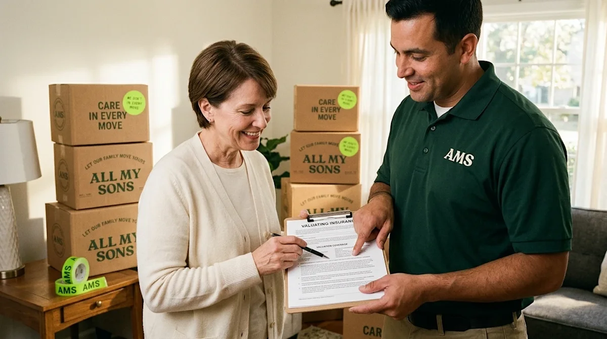 Candid 35mm film photography of a smiling homeowner and a professional mover reviewing a moving insurance document together o