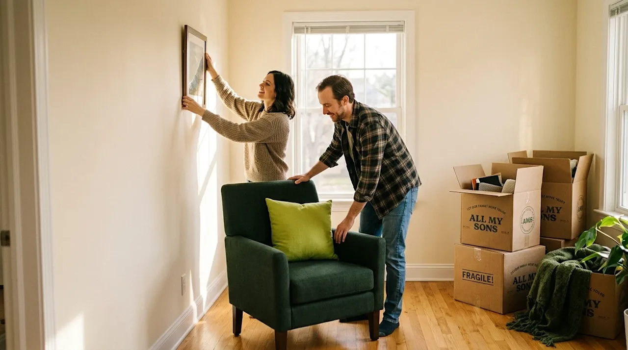 A high-quality, cinematic lifestyle photograph of a happy couple settling into their new rental home, creating a cozy and inv