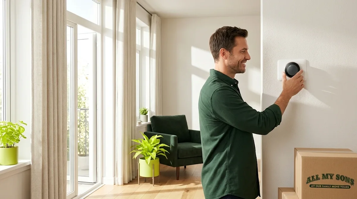 Clear, professional marketing photography of a bright, inviting modern home interior emphasizing energy efficiency. A homeown