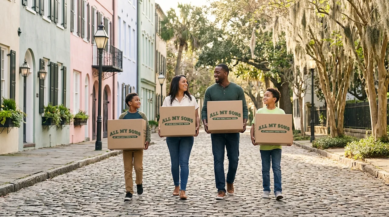 Happy family carrying All My Sons moving boxes down a scenic cobblestone street in Charleston, SC.