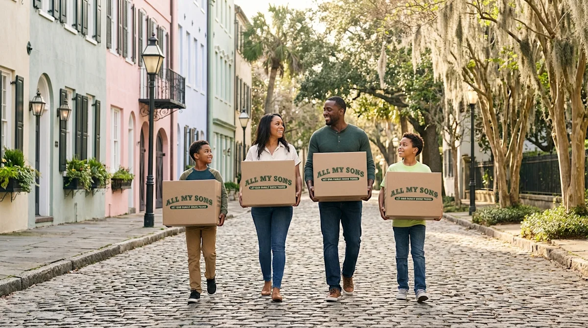 Happy family carrying All My Sons moving boxes down a scenic cobblestone street in Charleston, SC.