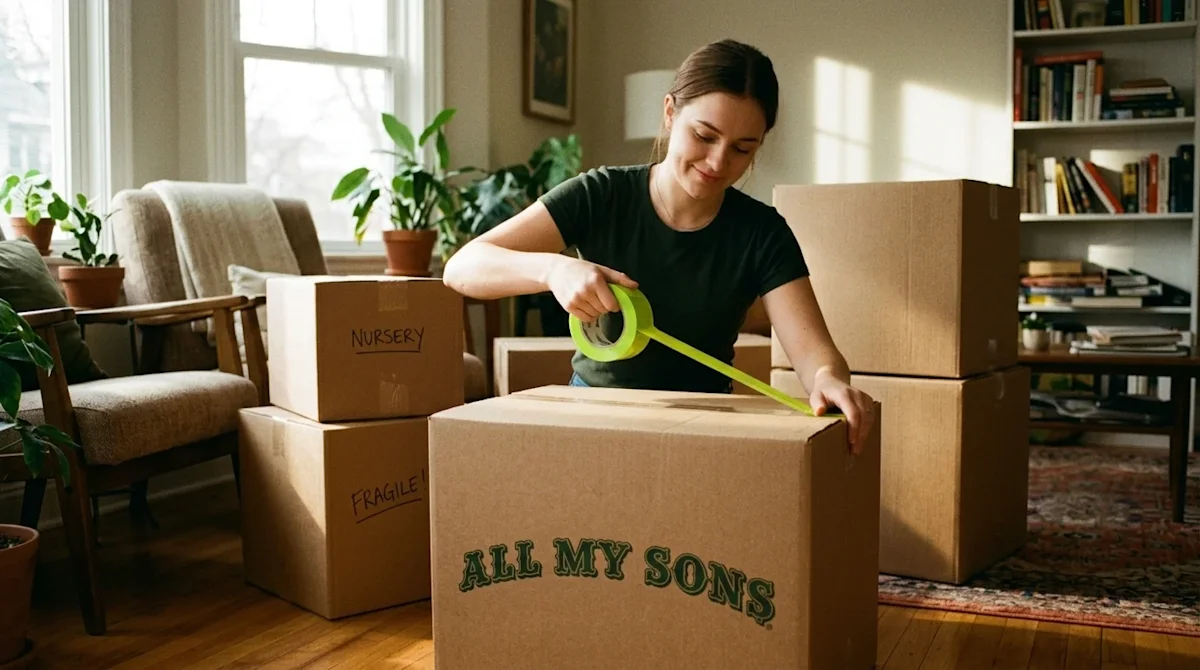 A candid, 35mm film style lifestyle photograph of a person carefully packing belongings into cardboard moving boxes in a warm