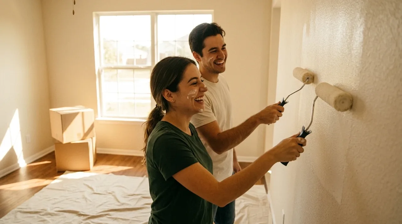 Professional marketing photography of a smiling couple doing a DIY paint job in the bright, sunlit living room of their San A