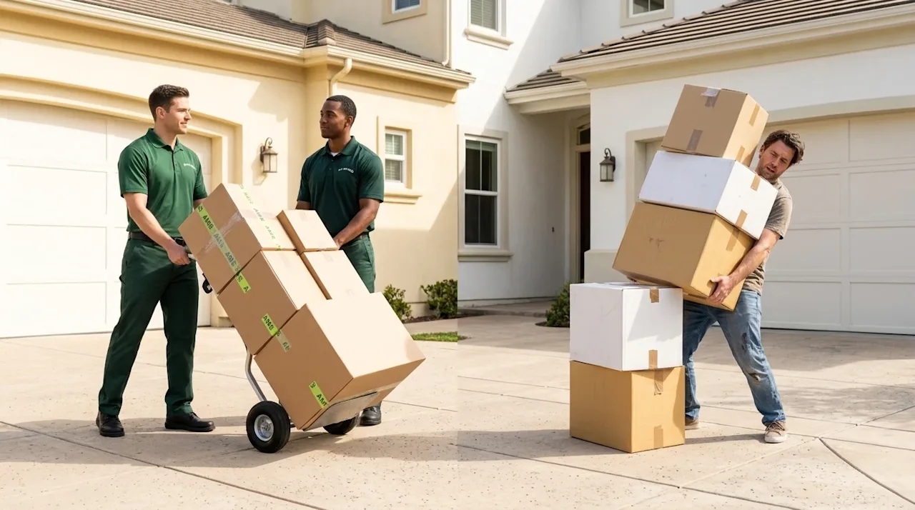Cinematic, bright lifestyle photography of a moving day comparison. On the left side of the frame, two confident, professionals movers and on the right, a DIY mover.