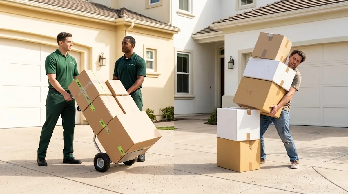 Cinematic, bright lifestyle photography of a moving day comparison. On the left side of the frame, two confident, professionals movers and on the right, a DIY mover.