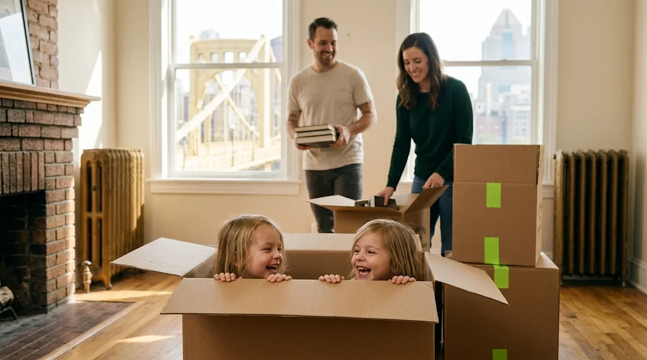 A candid lifestyle photograph shot on 35mm film of a happy family moving into their new home in Pittsburgh. Two young childre