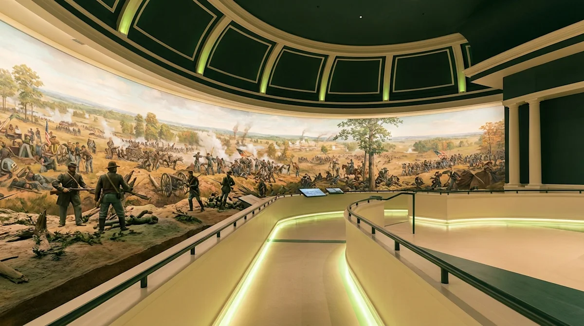Interior of the Atlanta Cyclorama Civil War Museum featuring the panoramic Battle of Atlanta painting and 3D diorama.