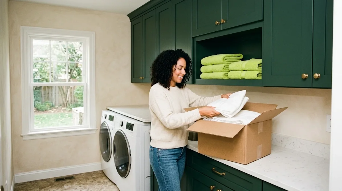 Candid film photography of a beautifully renovated, freshly organized laundry room makeover. The inviting space features crea