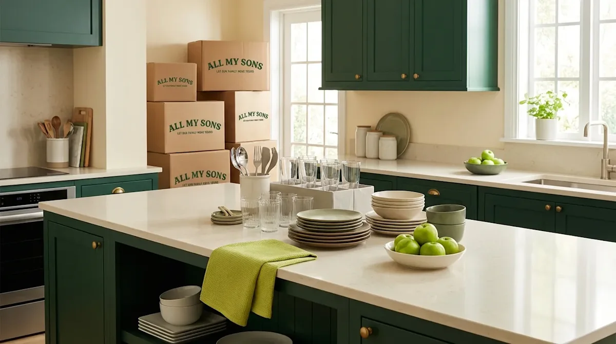Organized kitchen with forest green cabinets and stacked All My Sons moving boxes, showing efficient home packing.