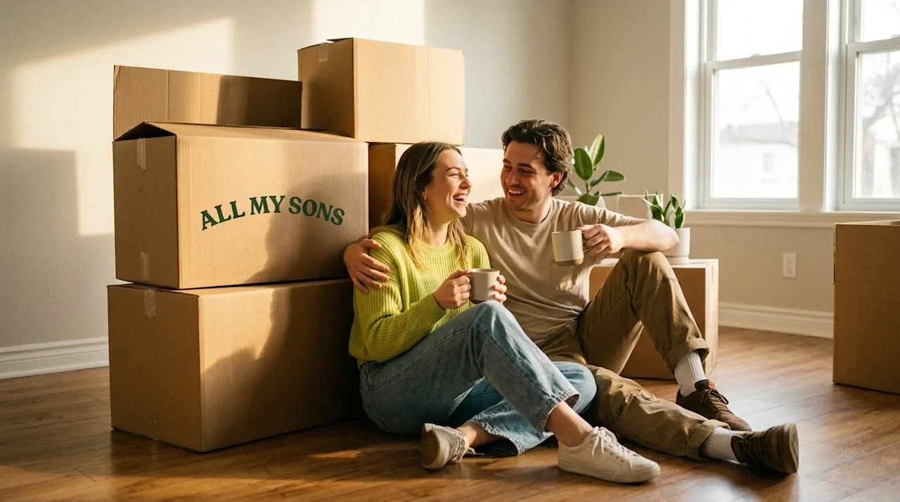 Candid lifestyle photography of a happy, relaxed young couple taking a break on moving day, sitting comfortably on the hardwo