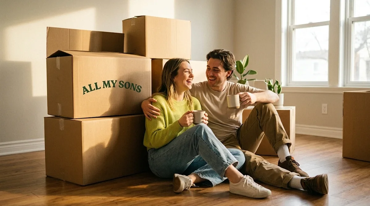 Candid lifestyle photography of a happy, relaxed young couple taking a break on moving day, sitting comfortably on the hardwo