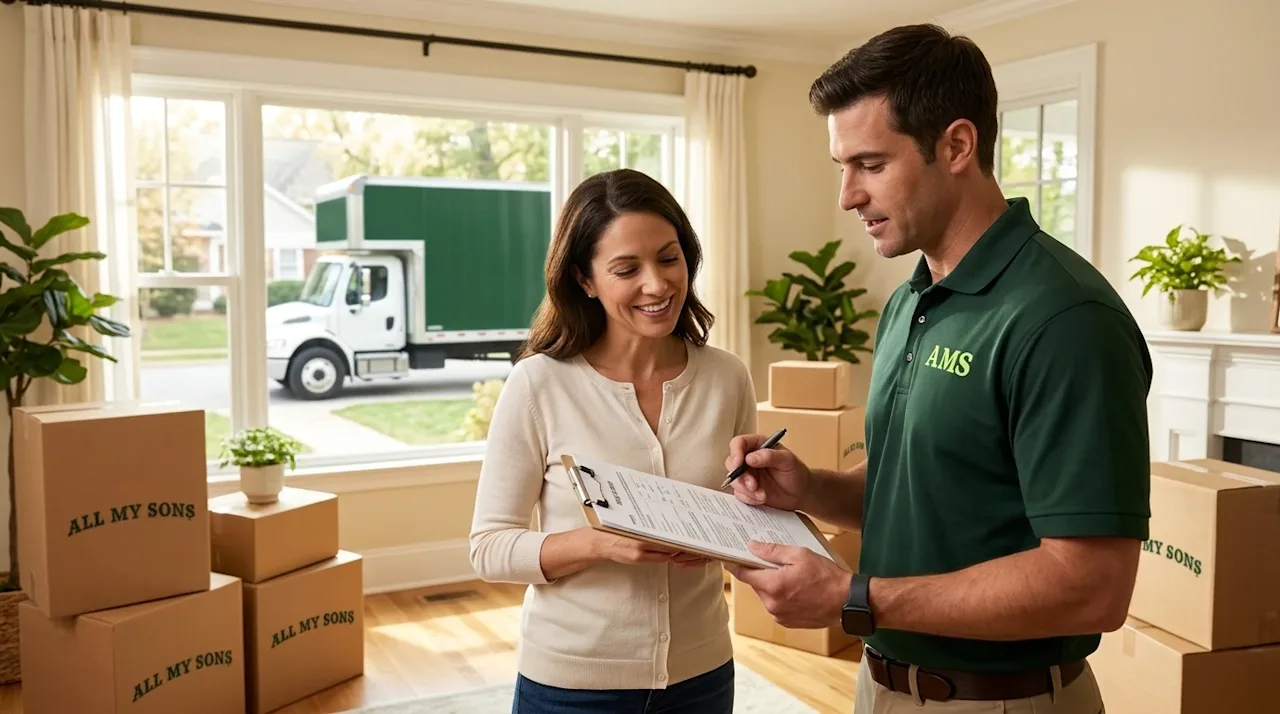 Editorial lifestyle photography of a reassured homeowner reviewing moving documents on a clipboard alongside a professional m
