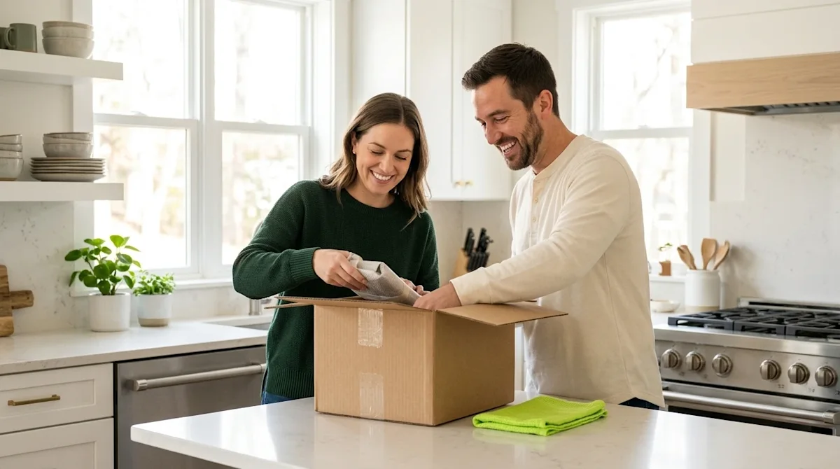 Professional lifestyle marketing photography of a happy, stress-free moving day. A smiling couple stands in their bright, mod