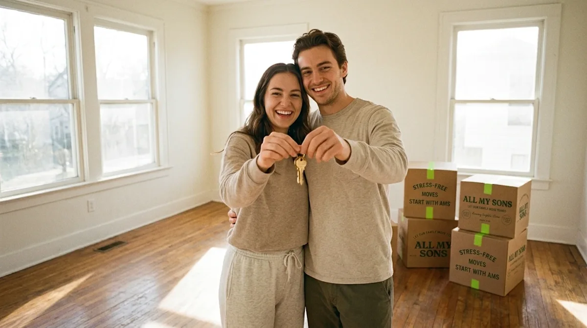 Authentic candid lifestyle photography of a smiling couple celebrating in the sunlit, empty living room of their newly purcha
